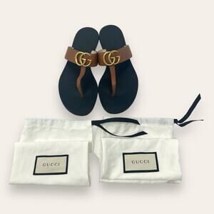 Gucci GG Marmont Thong Flat Leather Sandals Black Cognac Brown 36.5 Women’s